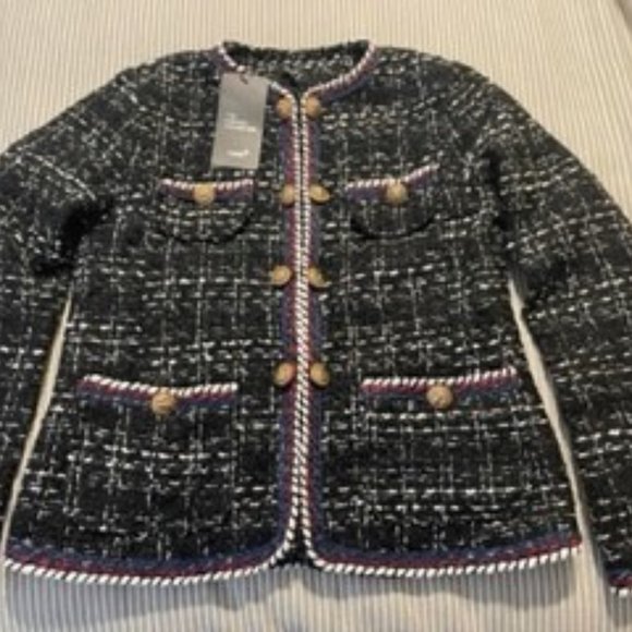 Jacket Tweed Inlaid Plaid Check Long Sleeved Coat Blazer - Picture 3 of 8